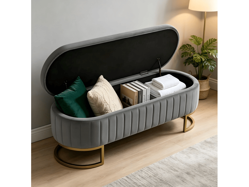  Banc coffre tcqpz en velours 129,5 x 42 x 46 cm rangement intérieur gris clair pieds en métal doré  - Conforama B
