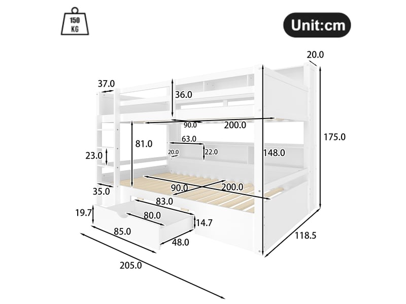Lit superposé enfant 90 x 200 cm avec tiroir et rangements latéraux, blanc - Conforama C