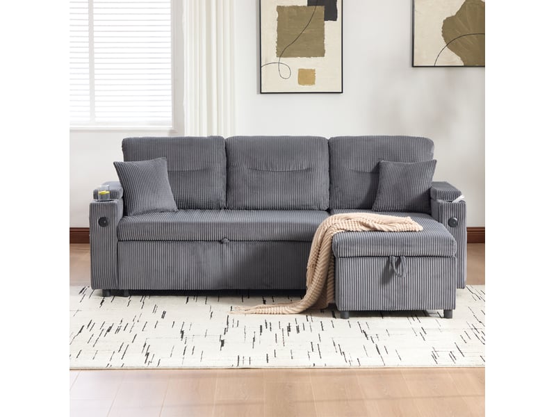  Canapé convertible modenvie 3 places avec méridienne hydraulique, lit gigogne, rangement et usb-c gris carbone 212,5 x 136 x 86 cm  - Conforama D