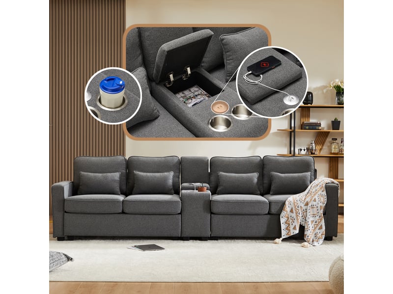 Canapé droit 4 places 290x83x88 cm avec console, 2 porte-gobelets, 2 ports usb, poches latérales, tissu effet lin gris foncé Radiant Stride - Conforama D