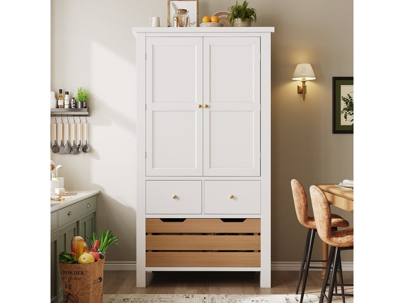  Buffet de cuisine haut 80x40x140cm avec 2 portes et 5 tiroirs, rangement multifonctionnel, design moderne blanc  - Conforama D