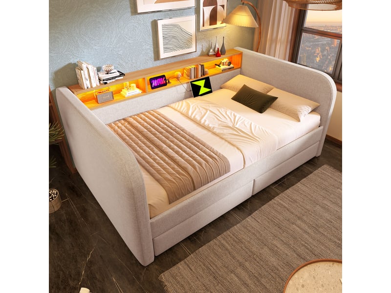  Lit banquette 140x190 cm avec éclairage led et 2 tiroirs, lit double, rangement, style simple, lin beige sans matelas  - Conforama B
