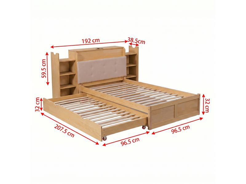  Lit gigogne 90x200 en bois et mdf, coloris bois naturel  - Conforama C