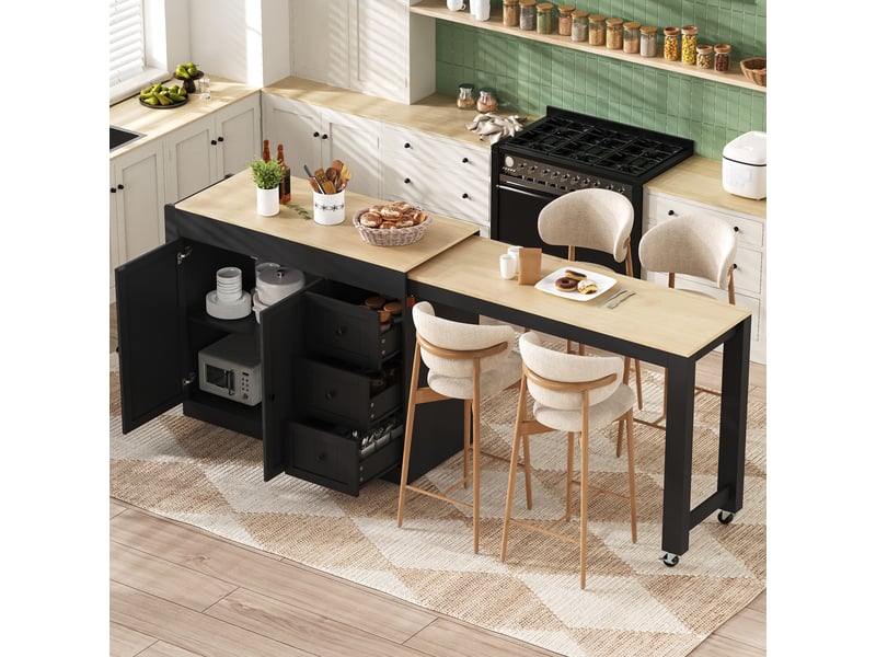  Îlot de cuisine sur roulettes avec espace repas extensible, desserte de cuisine noire avec étagère à épices et tiroirs  - Conforama B