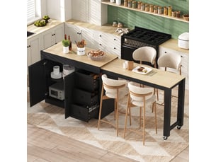 Îlot de cuisine sur roulettes avec espace repas extensible, desserte de cuisine noire avec étagère à épices et tiroirs