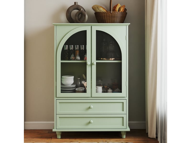  Buffet style campagne vert menthe, 2 portes vitrées bombées trempées, partie supérieure étagée, 2 tiroirs, rangement cuisine salle à manger entrée  - Conforama E