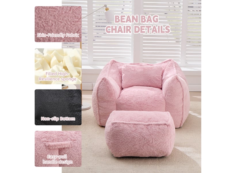 Canapé géant pour adulte et enfant en fausse fourrure avec coussin et repose-pieds, garnissage mousse haute densité, pour lecture et gaming, rose - Conforama E