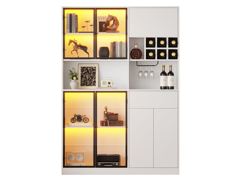  Vitrine 140x30x200 cm en panneau de particules, 7 portes dont 4 en verre trempé, led app, 1 tiroir, porte-verres et 9 niches - blanc  - Conforama A