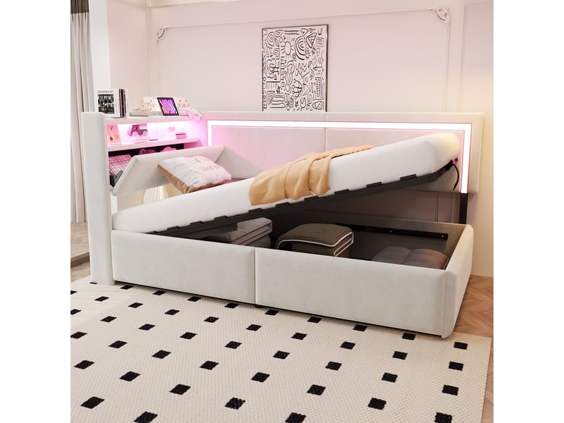  Lit simple à vérins avec éclairage led et port usb, canapé-lit rembourré 90x200 cm avec tête de lit en velours, beige, lit enfant  - Conforama C