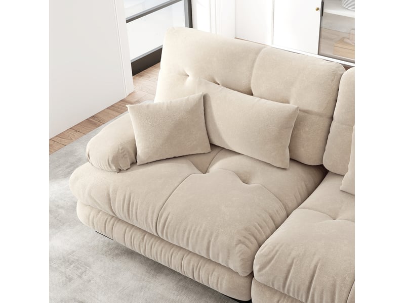  Canapé modulaire 220x145x81cm 2 places, poufs mobiles, coussins inclus, assise généreuse, tissu chenille, café clair  - Conforama D