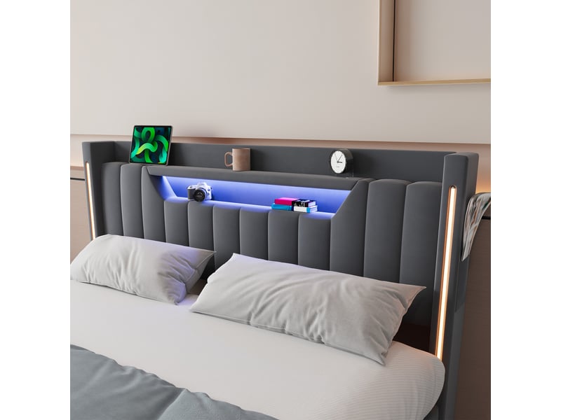  Tcqpz lit coffre 140x200 cm gris foncé avec led, fonction de charge et rangement  - Conforama E