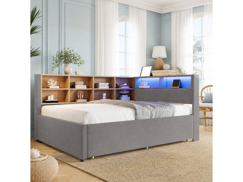  Lit banquette convertible 140 x 200 cm avec lit gigogne 90 x 190 cm, flanelle gris foncé  - Conforama D
