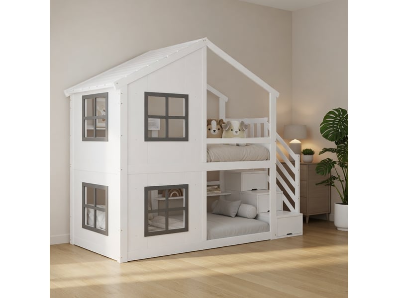 Gutenacht lit superposé 90x200cm, escalier armoire, fenêtre, blanc & gris - Conforama C
