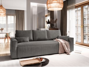 Canapé droit convertible <strong>MASSENO</strong> <strong></strong> 3 places Velours côtelé gris avec coffre de rangement