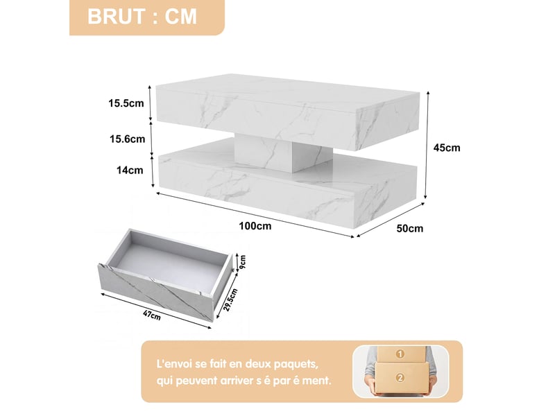  Table basse marbre blanc –table basse rectangulaire  - éclairage led  – rangement double – 100×50×45 cm  - Conforama C
