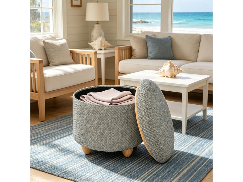 Pouf de rangement rond, tabouret pratique, repose-pieds compact, coffre à chaussures multifonctionnel - Conforama D