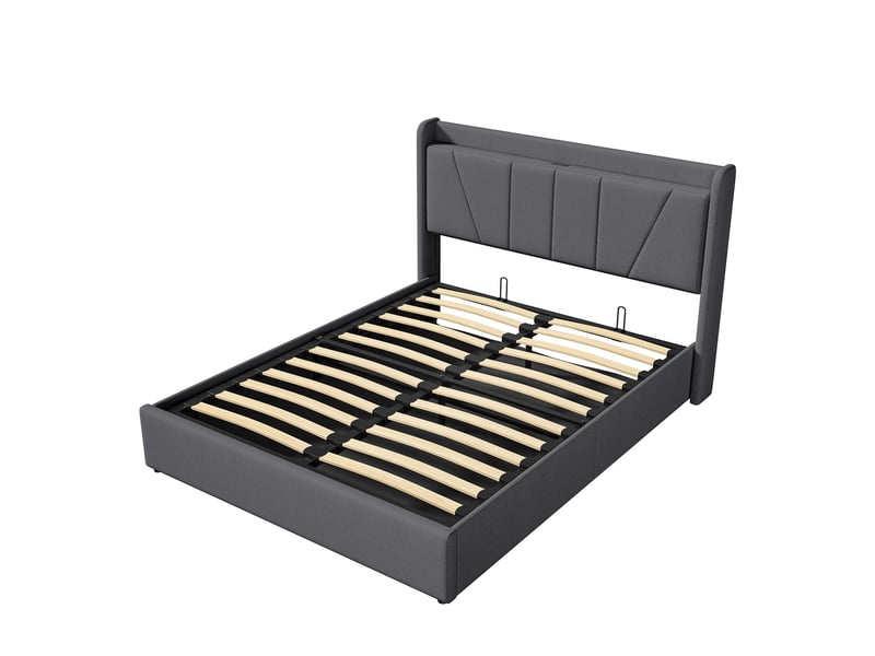  Lit coffre 160x200cm - lit double 160x200 - tissu en lin avec station de charge usbtype-c &amp; étagère - gris  - Conforama A
