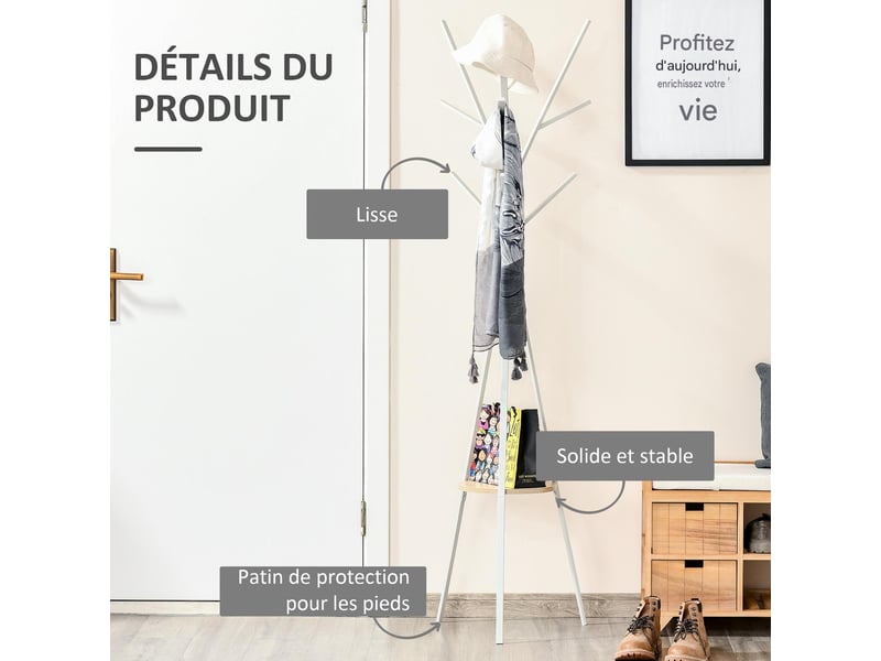 Porte-manteau trépied avec étagère et 9 patères en métal blanc 45x45x180 cm  - Conforama E
