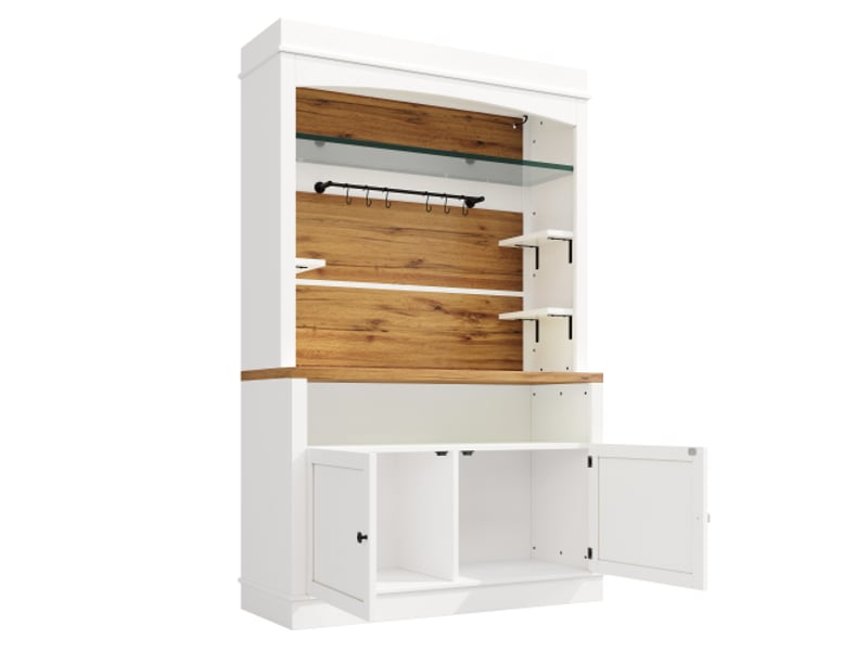  Lot de 2 armoires hautes avec led, buffet 184 cm avec étagère en verre et crochets, finition blanche, charge jusqu’à 60 kg, meuble de rangement cuisine et salle à manger  - Conforama D