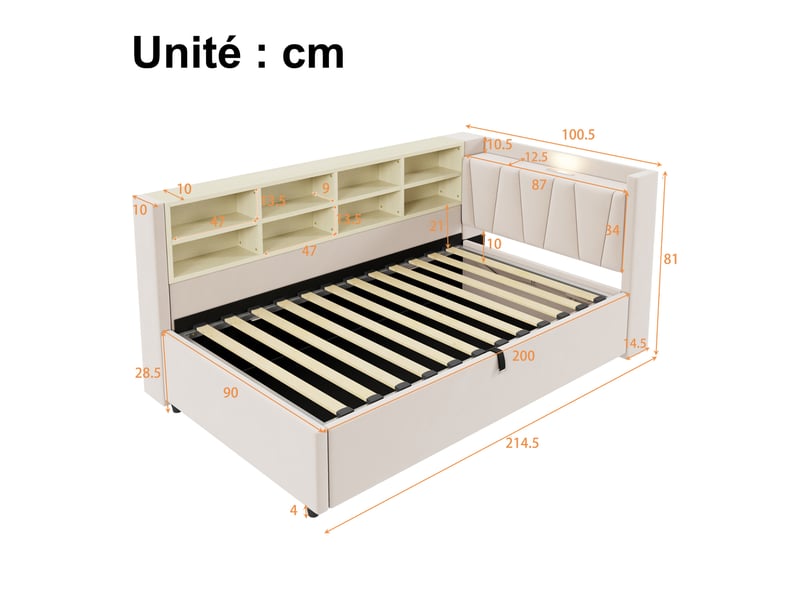  Lit coffre 1 place en velours avec rangement hydraulique, usb, type-c et éclairage, 200 x 90 cm, sans matelas  - Conforama D