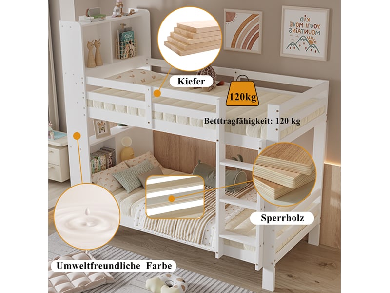 Lits superposés enfant 90x200 cm, avec espace de rangement, garde-corps, 2 sommiers, bois blanc, sécurisé, sans matelas - Conforama E