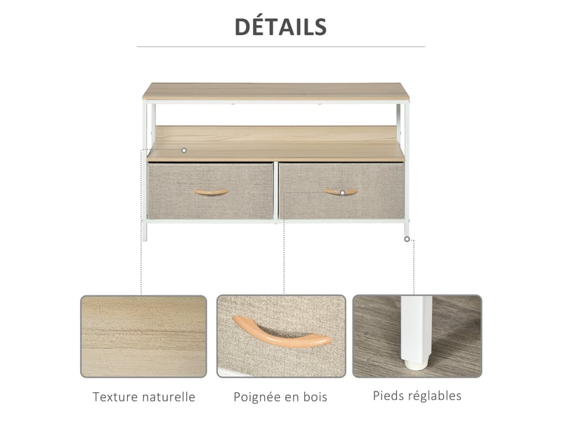 Meuble tv bas sur pieds style industriel 2 tiroirs en tissu gris bois naturel et métal blanc  - Conforama R