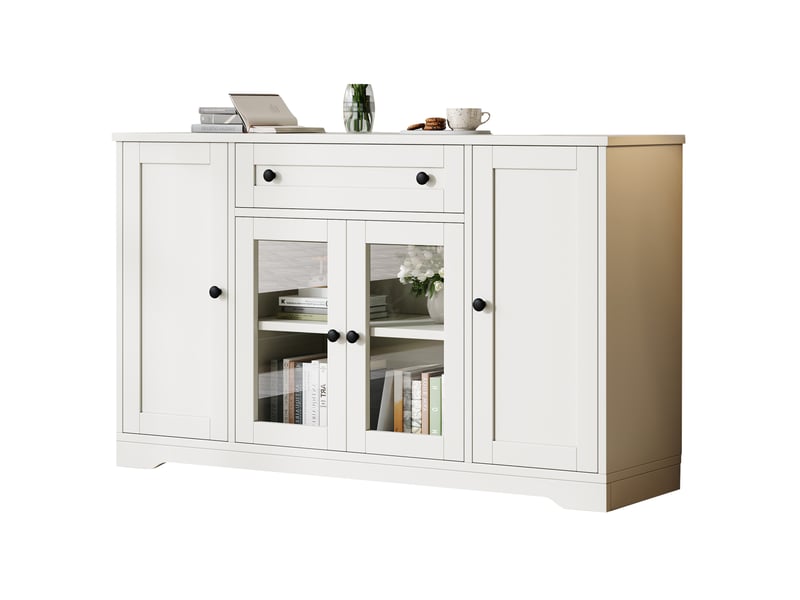  Buffet 138x40x83 cm, 4 portes, 1 tiroir, portes vitrées, mdf et panneau de particules, blanc, design moderne, rangement  - Conforama A