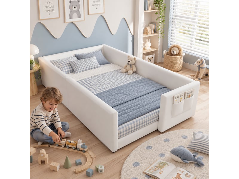  Lit enfant 90x200 cm, lit au sol rembourré en velours, lit bas montessori avec poche latérale, cadre doux quatre côtés, blanc  - Conforama B