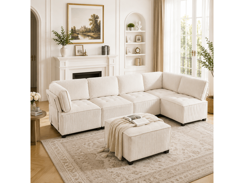 Canapé modulable 6 places tissu côtelé beige structure métal bois assemblage libre salon - Conforama B