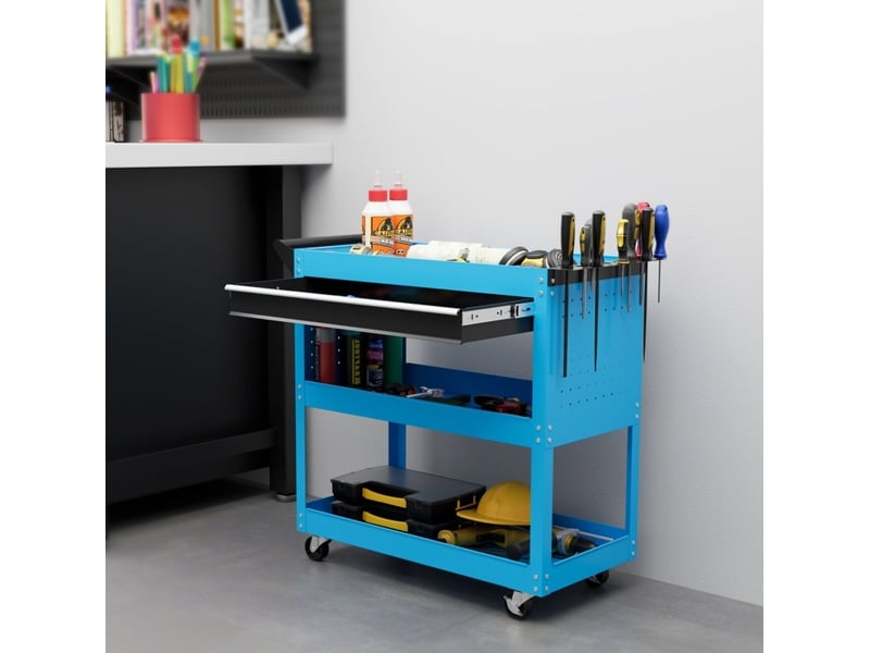 Servante à outils 82 x 35 x 76 cm bleue en métal, 3 niveaux, tiroir et 4 roulettes avec freins - Conforama B