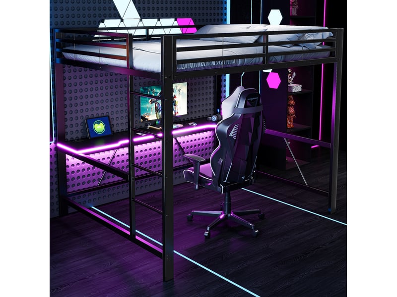 Lit mezzanine en métal 160x200 cm avec bureau, éclairage led et usb noir - Conforama D