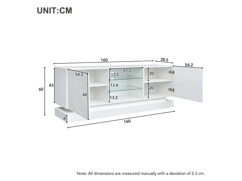  Meuble tv blanc mat 160 cm avec étagère verre réglable et charnières silencieuses  - Conforama C