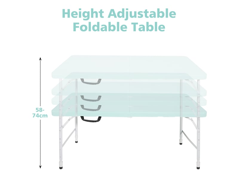  Table de jardin pliante bleue 125 x 61 cm, hauteur réglable 58 à 74 cm, avec poignée, charge 135 kg  - Conforama B