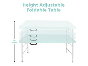 Table de jardin pliante bleue 125 x 61 cm, hauteur réglable 58 à 74 cm, avec poignée, charge 135 kg
