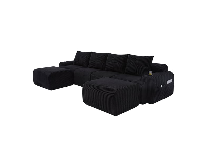  Canapé modulaire 4 places en velours côtelé avec 2 poufs, porte-gobelets, noir  - Conforama E