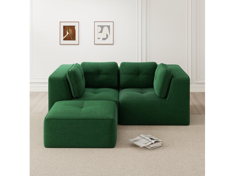  Canapé d’angle modulable 2 places en velours côtelé vert avec repose-pieds mobile  - Conforama B