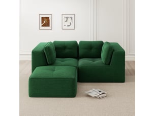 Canapé d’angle modulable 2 places en velours côtelé vert avec repose-pieds mobile