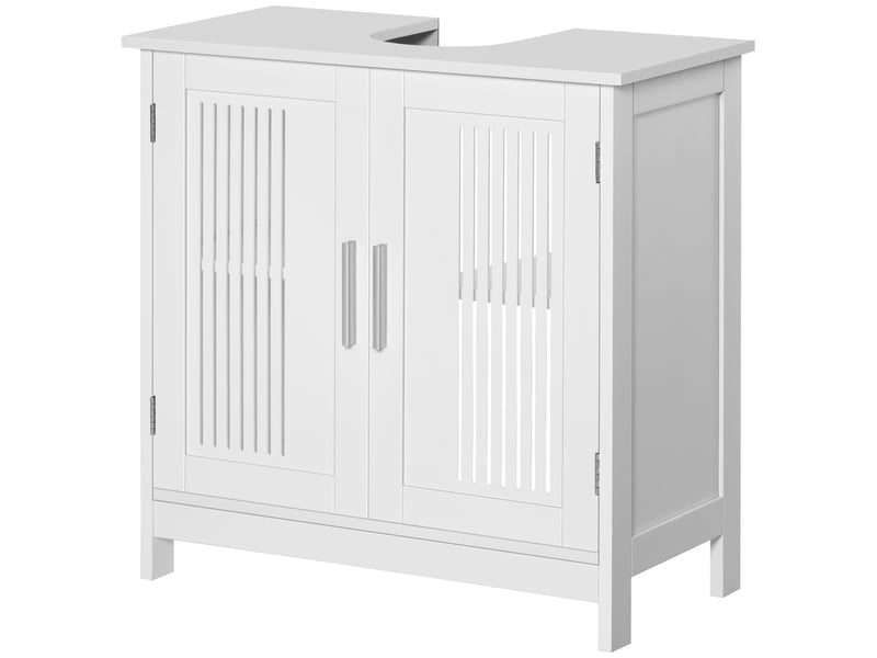  Meuble sous lavabo salle bain, 2 portes rainurées étagère réglable, poignées alliage aluminium, 60×30×60cm, mdf blanc  - Conforama B