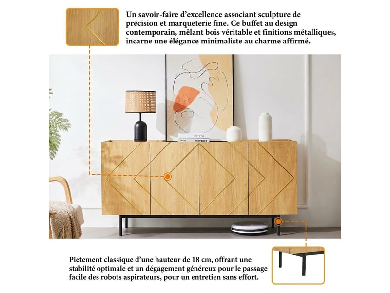  Buffet 4 portes bois naturel avec incrustations métal 160 cm  - Conforama R