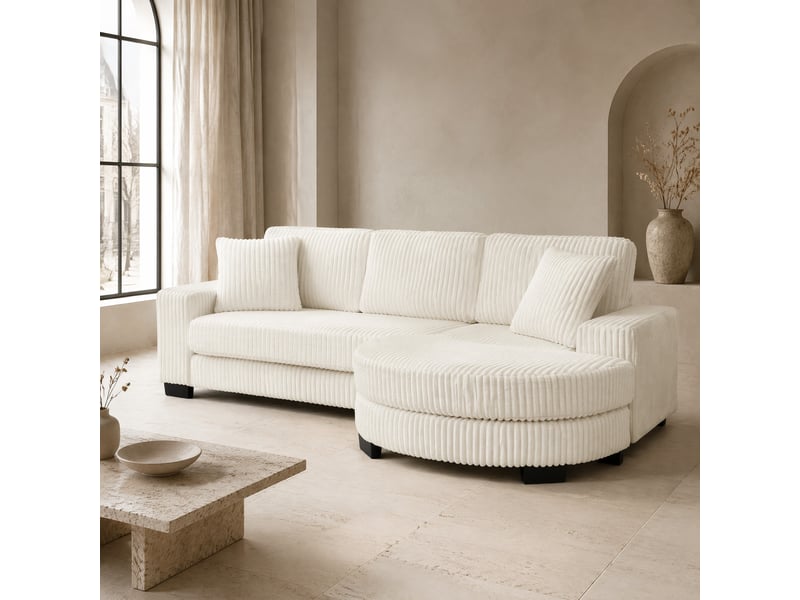  Canapé d'angle réversible modulaire avec hocker ovale interchangeable et 2 coussins, en velours côtelé beige  - Conforama B