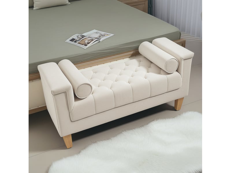  Banc rembourré 115 x 44 x 58 cm beige en polyester chenille, avec accoudoirs et coussins cylindriques  - Conforama D