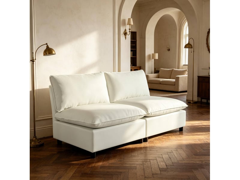Canapé droit 2 places sans accoudoirs avec coussins épais, en tissu coton et polyester crème, 146 × 85 × 78 cm - Conforama B