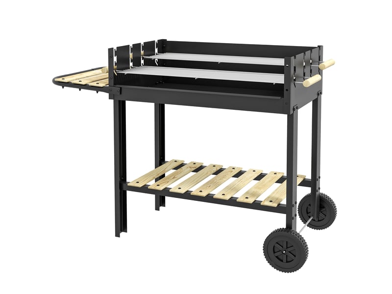 Barbecue à charbon bbq grill sur pied avec double gril réglable 2 roues et 2 étagères dim. 113l x 53,5l x 82,5h cm noir  - Conforama B
