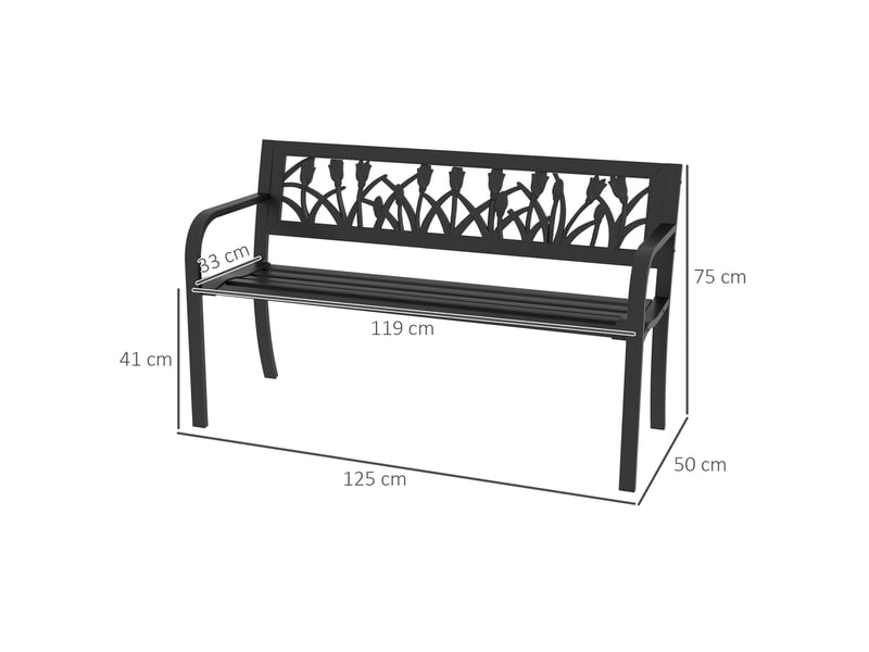  Banc de jardin 2 places en acier avec dossier et accoudoirs décorés, 125 x 50 x 75 cm, noir  - Conforama E