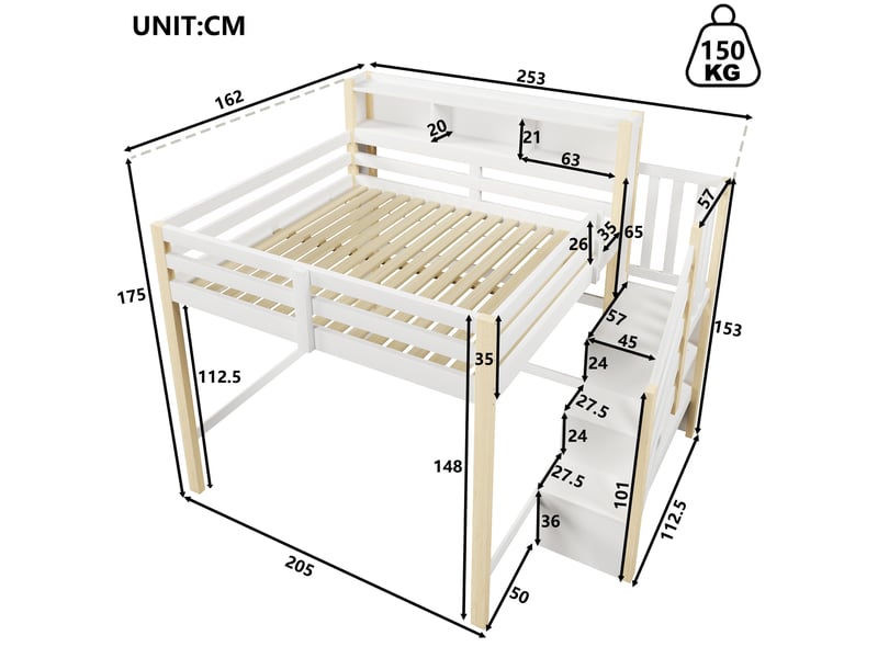  Lit mezzanine modenvie 140 x 200 cm avec led escalier de rangement étagères ouvertes bois pin mdf contreplaqué blanc et naturel  - Conforama C