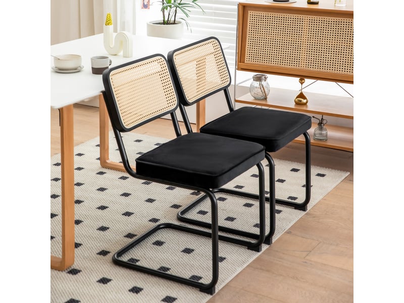  Chaises de salle à manger lot de 4 en velours et rotin, pieds chromés, style moderne mid-century, 53x46.4x84.6 cm  - Conforama B