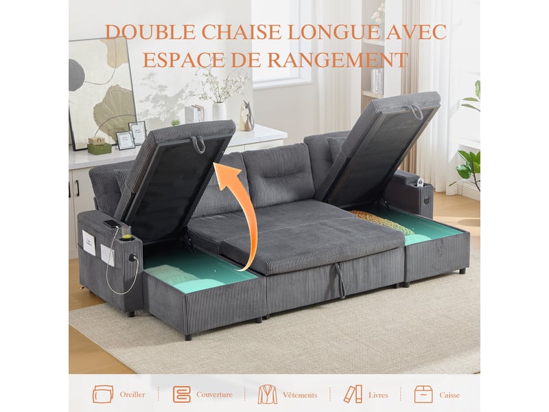  Canapé d'angle convertible 4 places panoramique en velours côtelé gris 272x136x86 cm avec rangement et usb, salon W2845S00532 - Conforama E