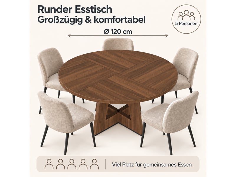  Table à manger ronde ø120 cm pour 4 à 6 personnes, plateau en mdf effet noyer à veinage bois, style scandinave pour cuisine et salle à manger  - Conforama E