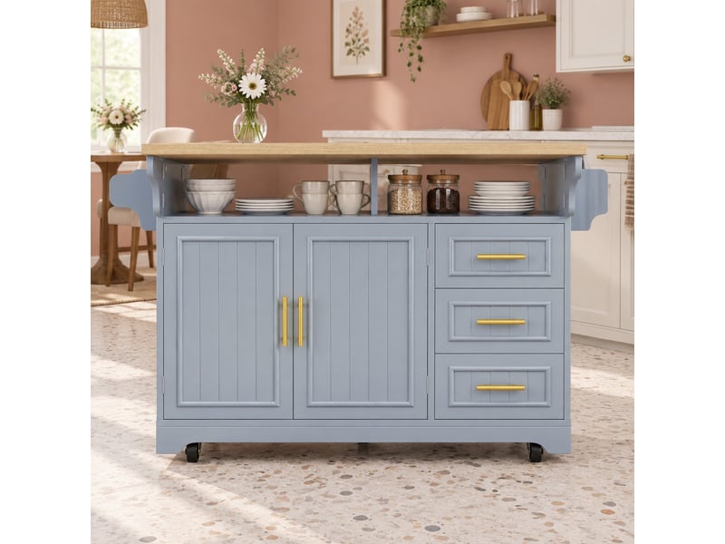  Îlot de cuisine mobile avec plateaux rabattables - lpospi - 3 tiroirs, rangement, mdf bleu 120 × 40 × 95 cm  - Conforama C