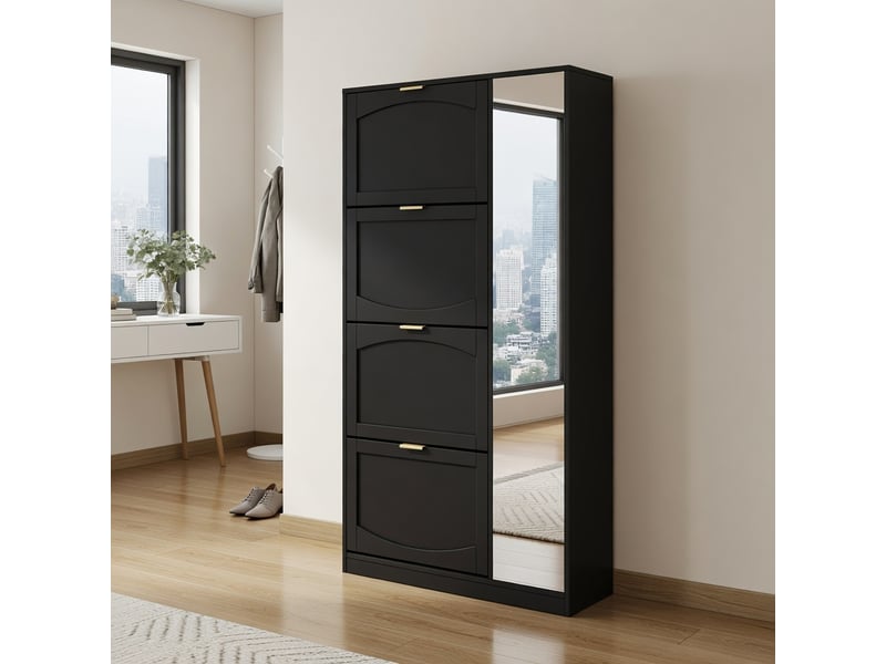  Meuble à chaussures 80x147x24 cm avec miroir 4 compartiments rabattables étagère réglable derrière le miroir noir pour entrée  - Conforama B